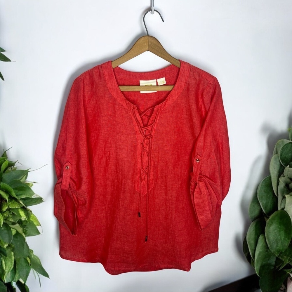 Maeve Anthropologie 100% Linen Red Lace Up Blouse Size 12